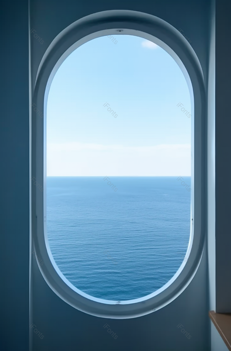 船上透过椭圆形透明窗玻璃船望向海面海洋海平线,高清,摄影图,摄影图片,图片大全,摄影图免费下载